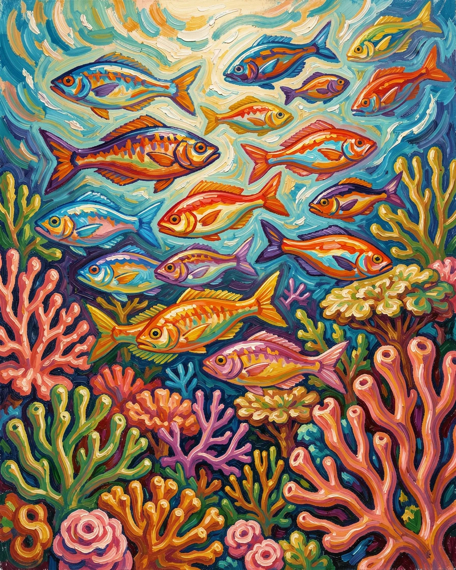 A school of colorful fish weaving through a vibrant coral reef.