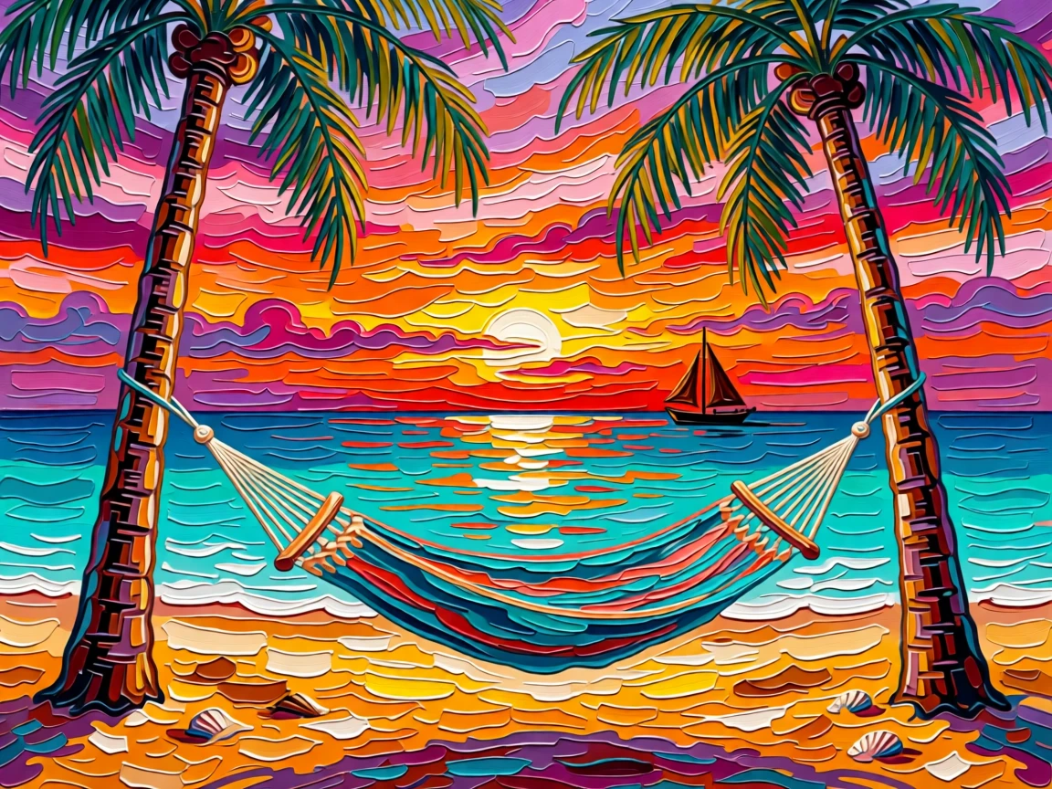 A hammock strung between two palm trees on a quiet tropical beach at sunset