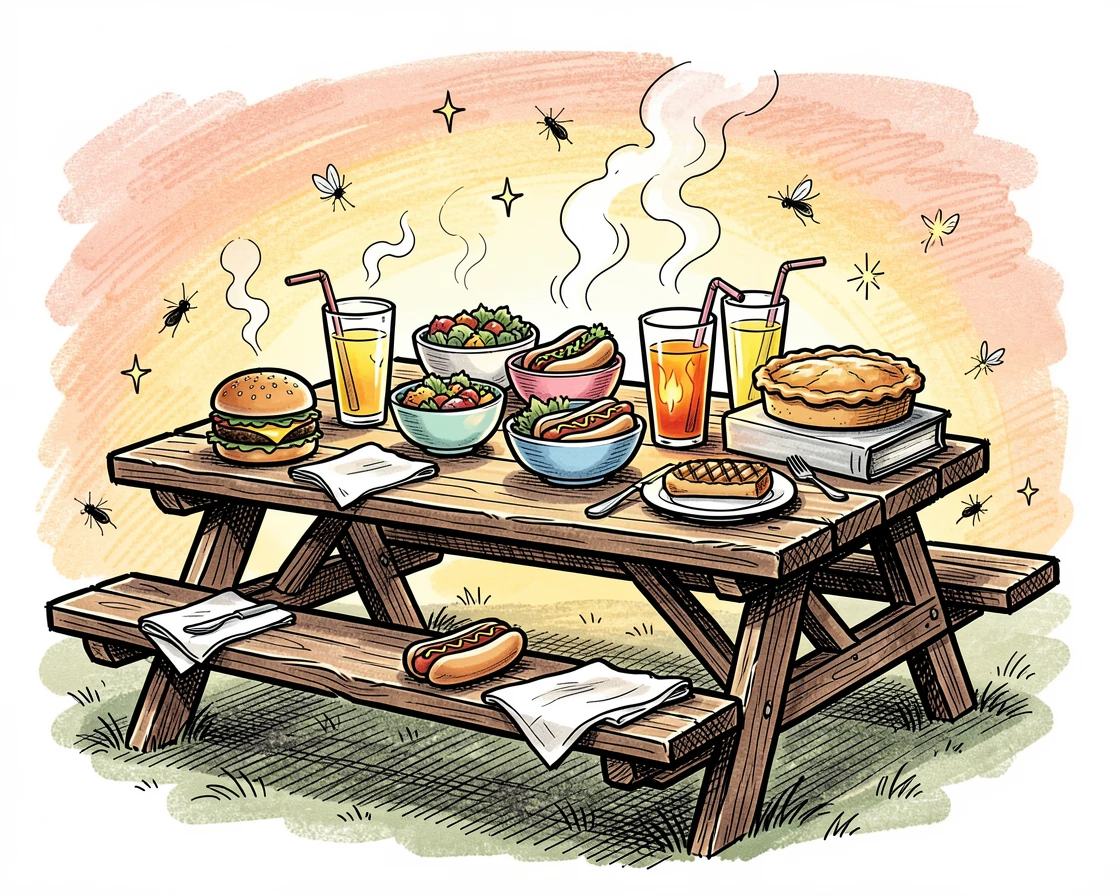 A picnic table set for a summer barbecue on a warm summer evening.