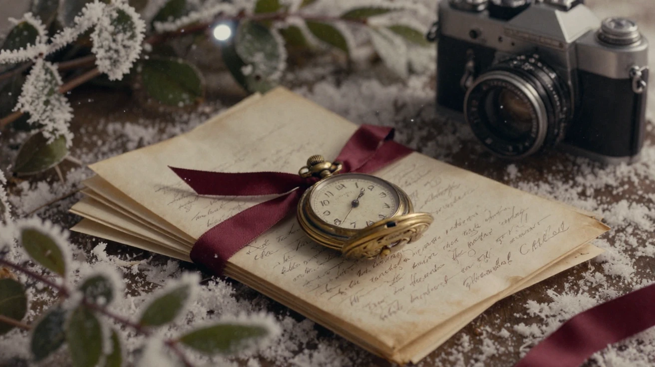 An old pocket watch resting beside a stack of handwritten letters, under moonlight, amid gently falling snow, in the depths of winter, with rich burgundy and gold accents, peering through foliage in the foreground.