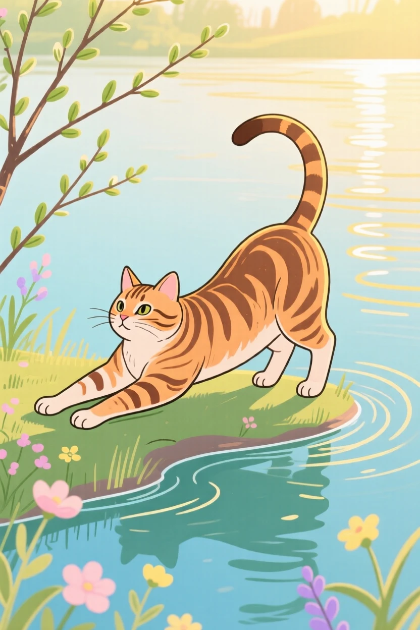 A tabby cat stretching in the morning light beside a still lake in early spring.