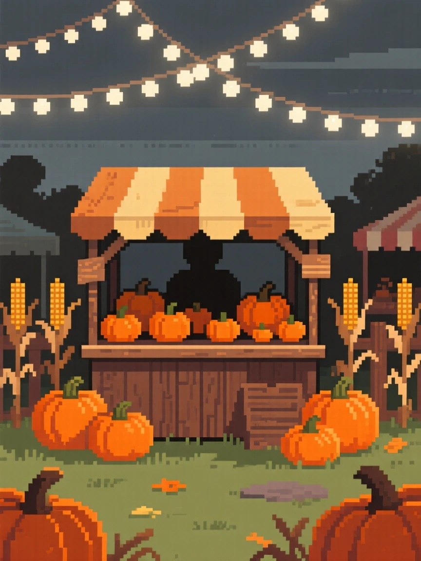 A market stall selling autumn pumpkins surrounded by pumpkins and dried corn stalks, at a countryside fair under strings of lights.