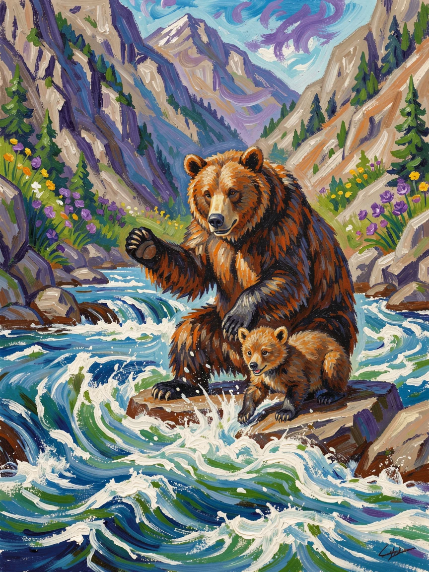 A mother bear teaching her cubs to fish in a rushing mountain river.