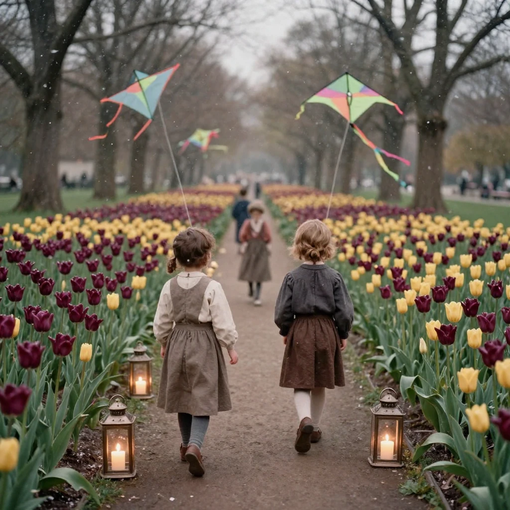 Children flying kites in a park full of blooming tulips, under flickering candlelight, amid gently falling snow, in early spring, with rich burgundy and gold accents, framed symmetrically down a long corridor.