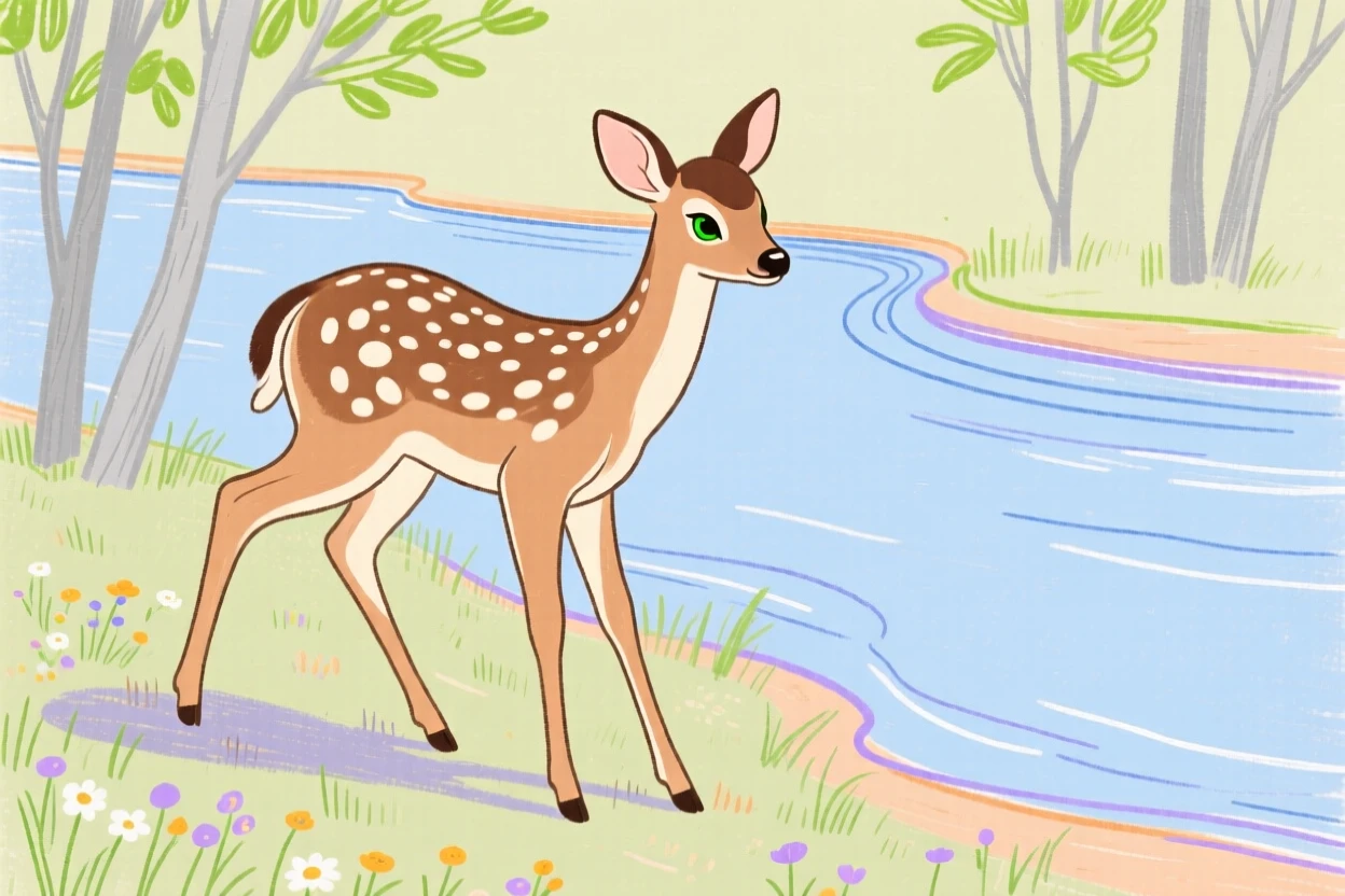A spotted fawn playing along a quiet riverbank on a quiet summer afternoon.