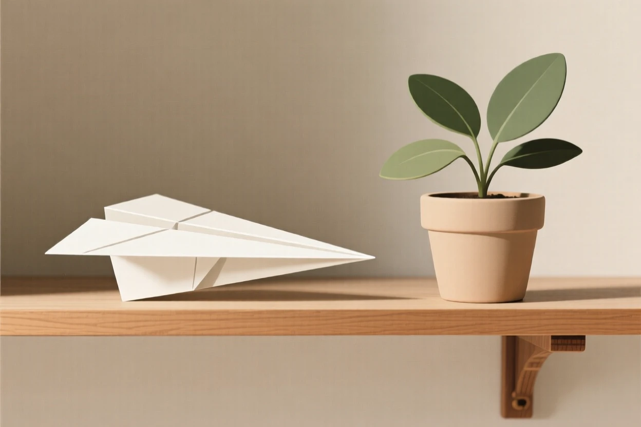 A close-up study of a paper airplane placed beside a small potted plant on a minimalist shelf, full of vintage warmth.