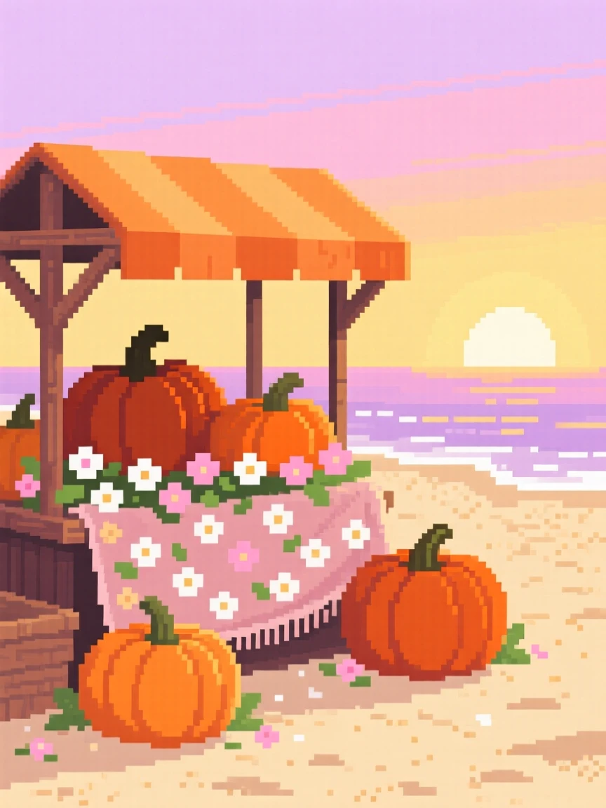 A market stall selling autumn pumpkins covered in a blanket of fresh spring blossoms, on a sandy beach during a golden summer sunset.