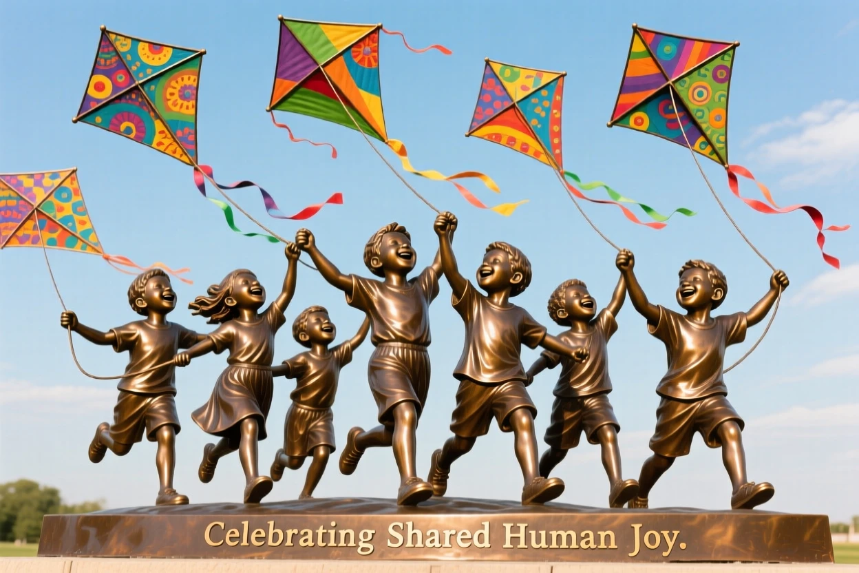 Children flying colorful kites on a breezy afternoon, capturing a powerful sense of togetherness, celebrating shared human joy