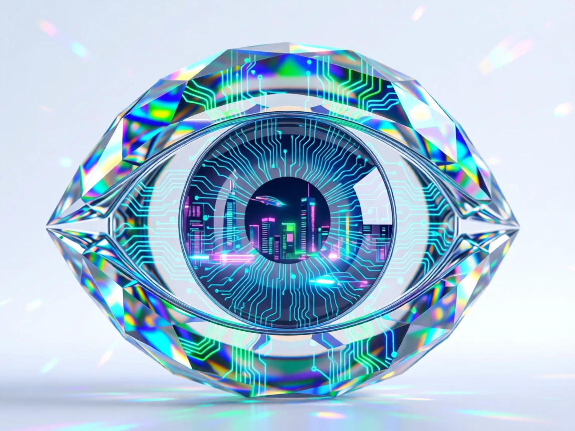 A cybernetic eye close-up with glowing circuitry patterns reflecting a futuristic cityscape.