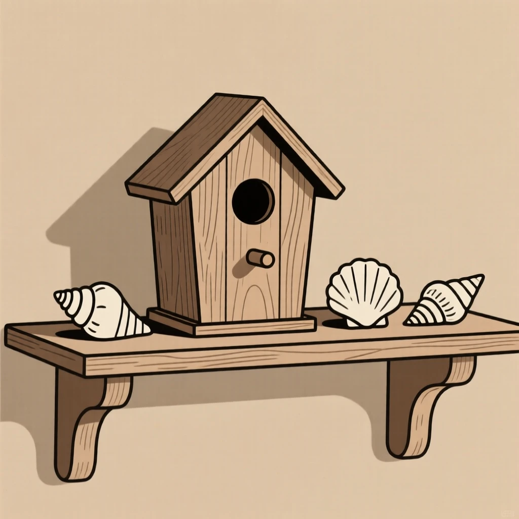 A wooden birdhouse resting on an antique shelf, surrounded by a handful of seashells, evoking vintage warmth.