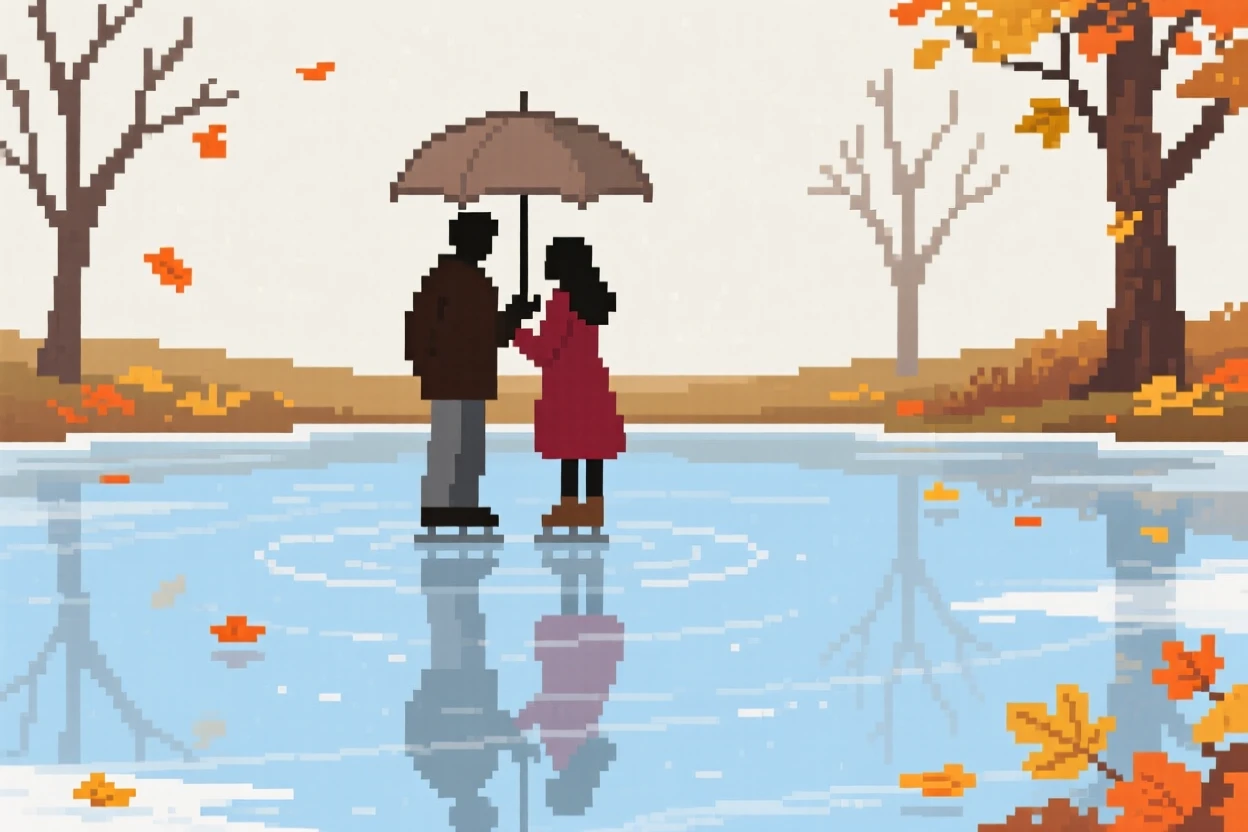 A couple sharing an umbrella reflected in a calm autumn pond, on a frozen pond used for ice skating.