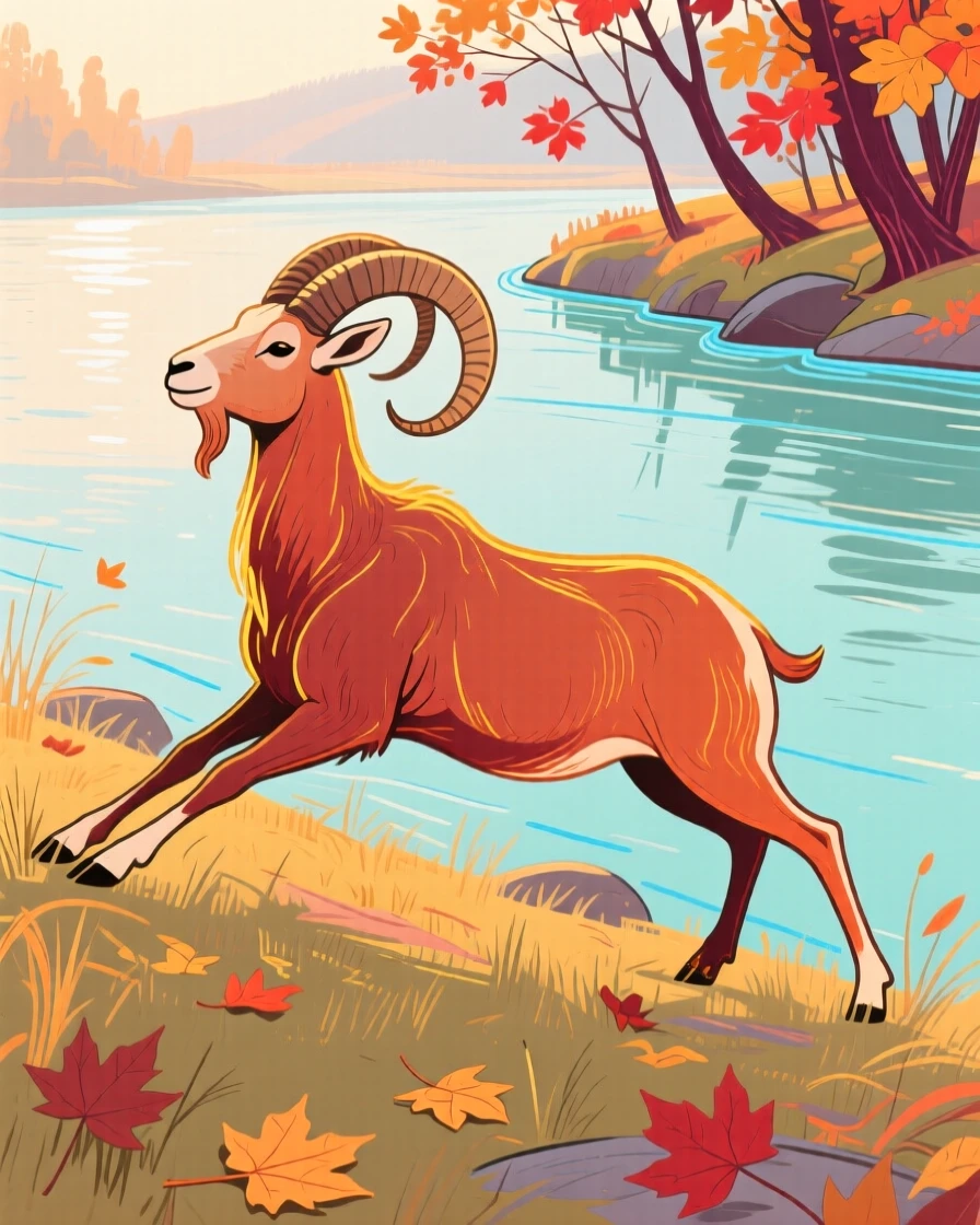 A mountain goat stretching in the morning light along a quiet riverbank on a crisp autumn day.