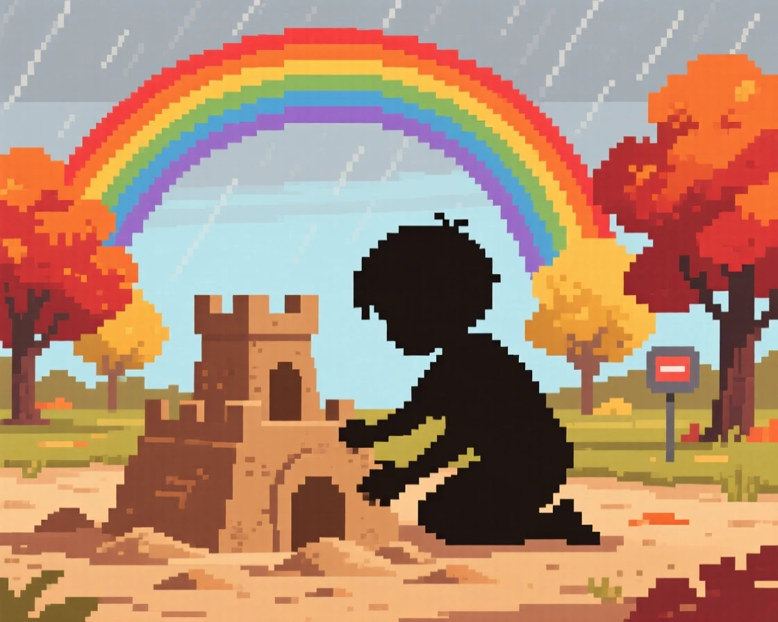A child building a sandcastle framed by a rainbow after summer rain, in a park during peak autumn color.
