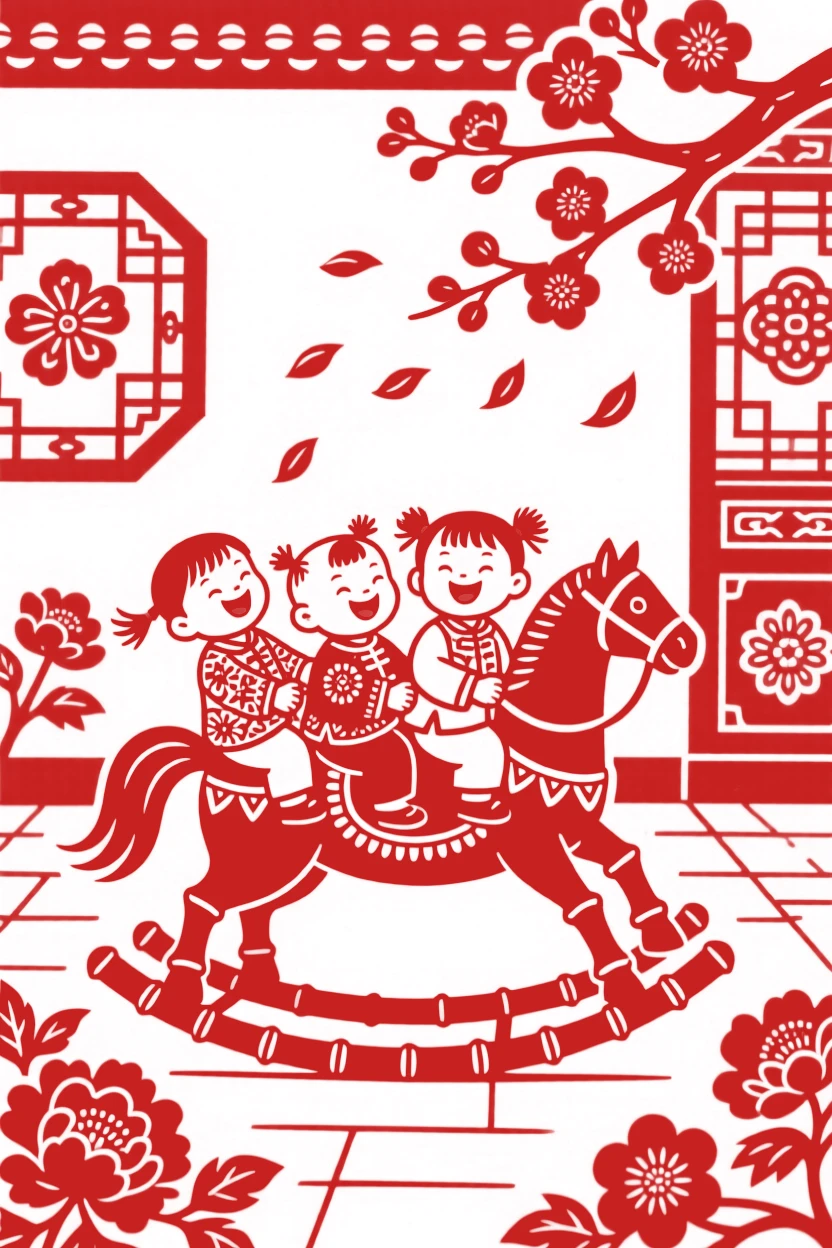 A group of laughing children, riding a bamboo hobby horse around the yard, petals drifting down around them from a nearby tree.