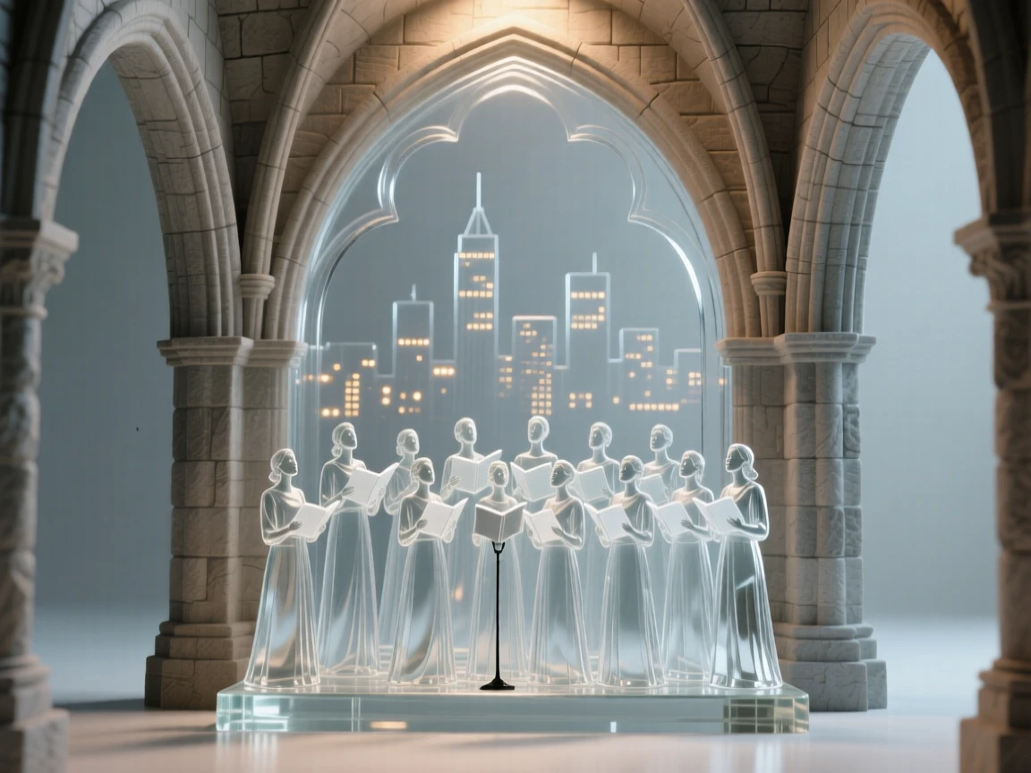A choir singing together beneath the arches of a stone cathedral overlooking a city skyline glowing with evening lights
