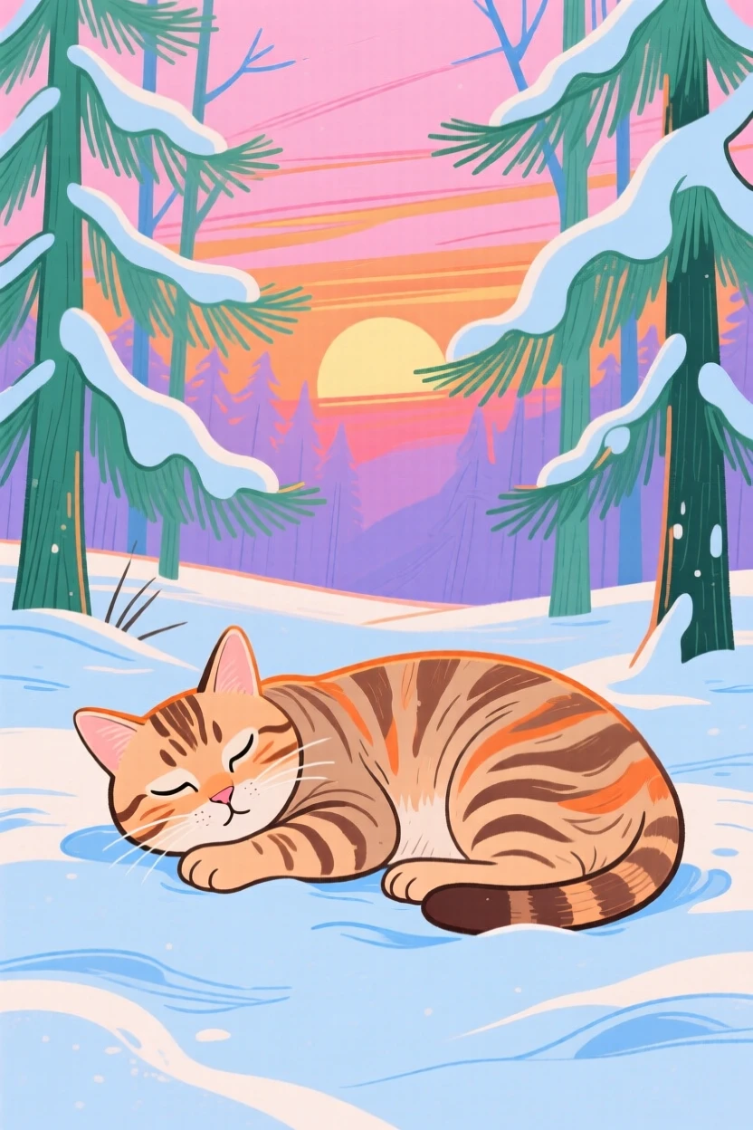 A tabby cat napping in a snowy pine forest at sunset.