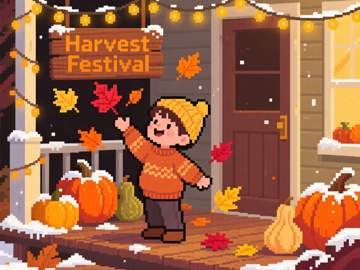 A child catching falling leaves dusted lightly with the season's first frost, on a porch decorated for a harvest festival.