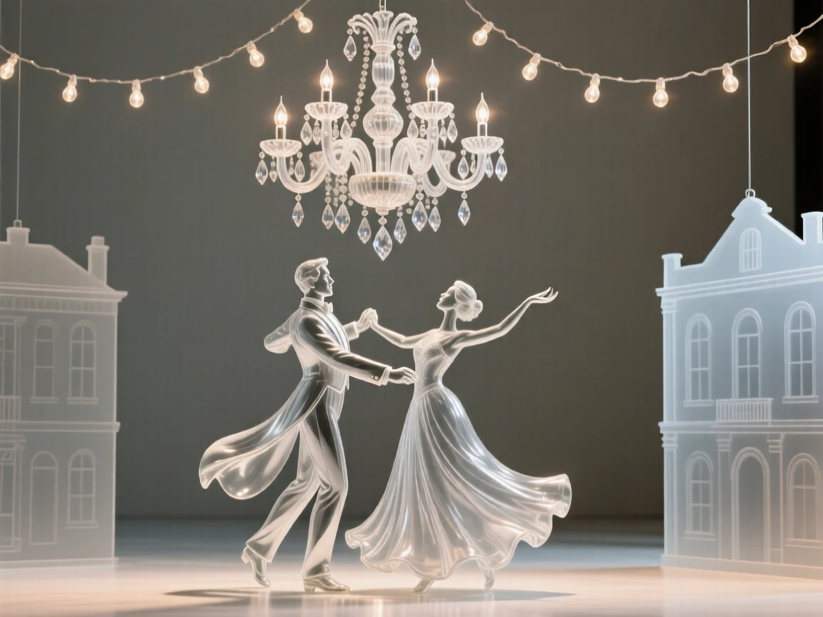 Beneath a canopy of string lights strung between old buildings, a ballroom couple mid-spin beneath a grand chandelier