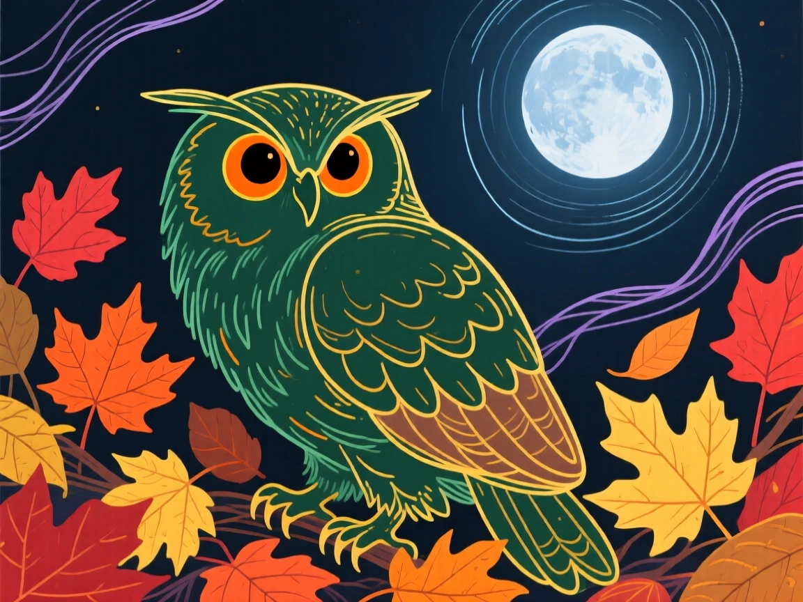 A wise old owl exploring among autumn leaves under a full moon.