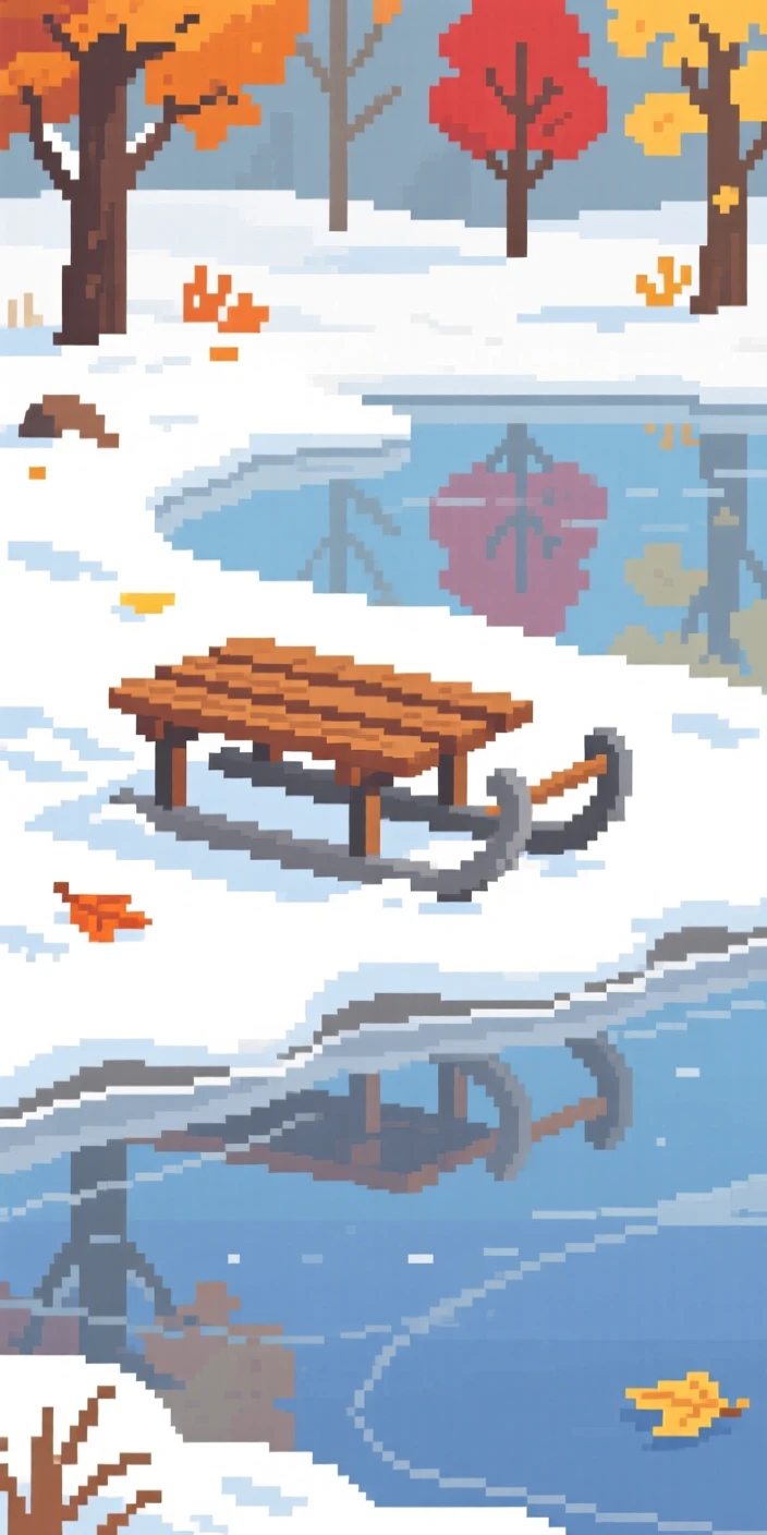 A sled resting in fresh snow reflected in a calm autumn pond, on a frozen pond used for ice skating.