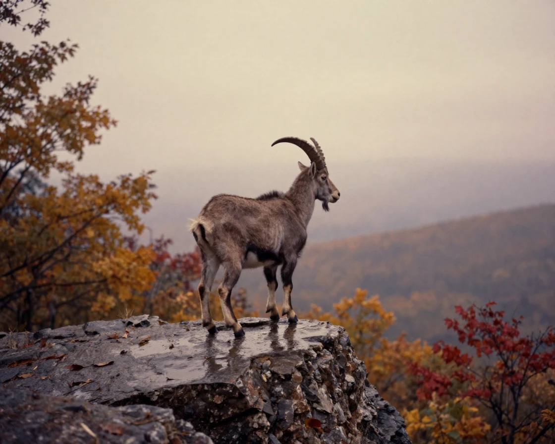 A mountain goat balancing on a narrow rocky ledge, in low lamplight, just after a rain shower, with puddles reflecting the sky, as autumn leaves turn gold and red, in soft muted pastels, from behind, looking toward the horizon.
