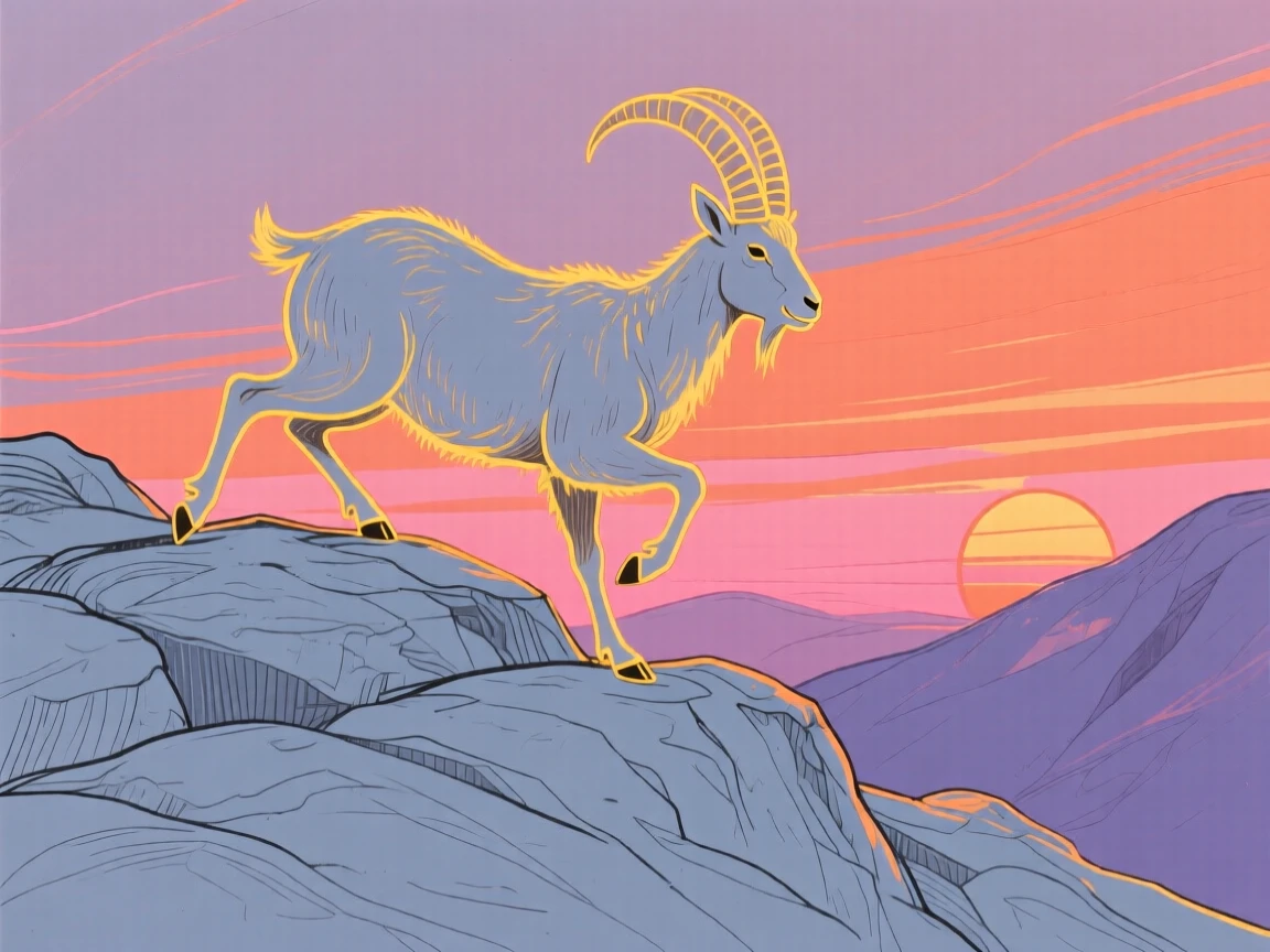 A mountain goat playing on a rocky hillside at sunset.