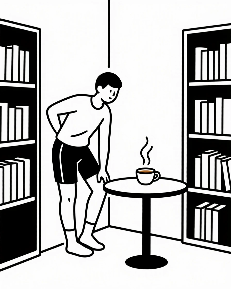 A quiet moment of hopeful longing as a runner catching their breath pauses in a quiet library corner beside a warm cup of tea.