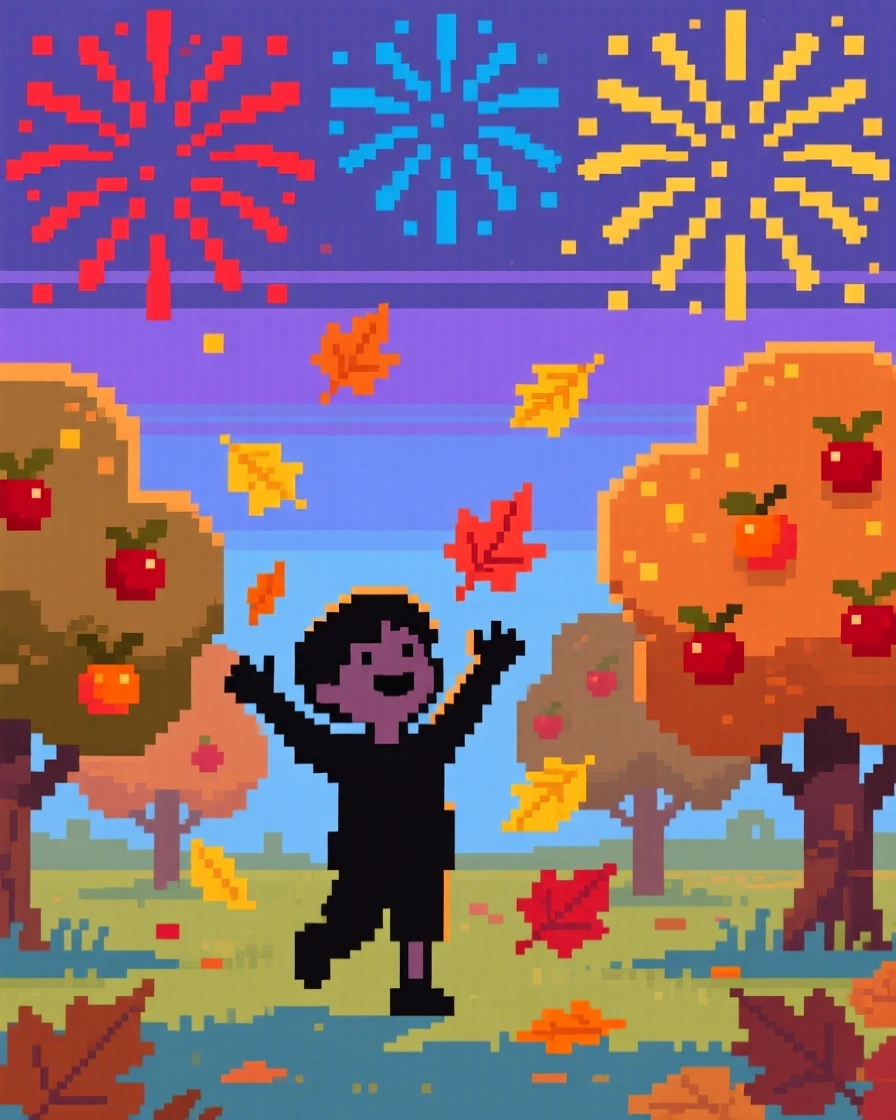 A child catching falling leaves set against a sky full of fireworks, in an orchard during harvest season.