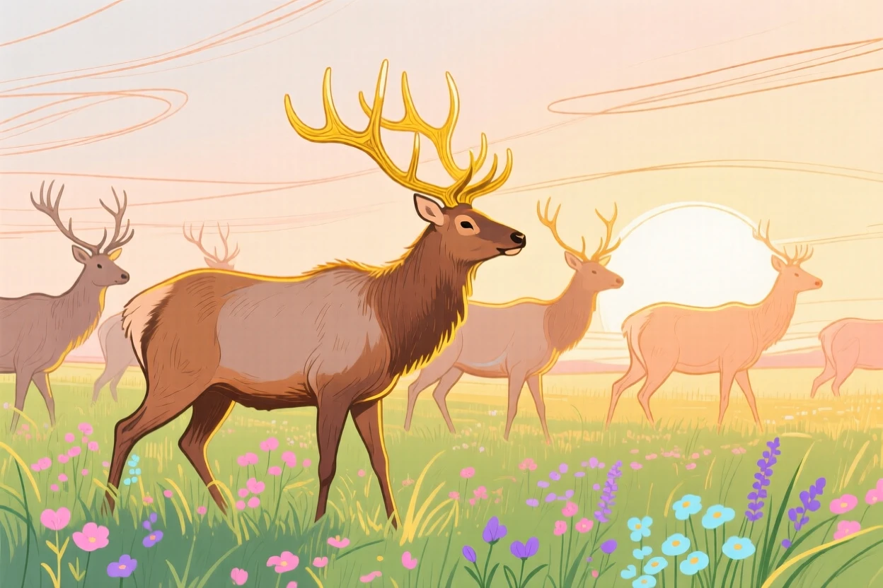 A herd of elk exploring in a sunlit meadow during golden hour.