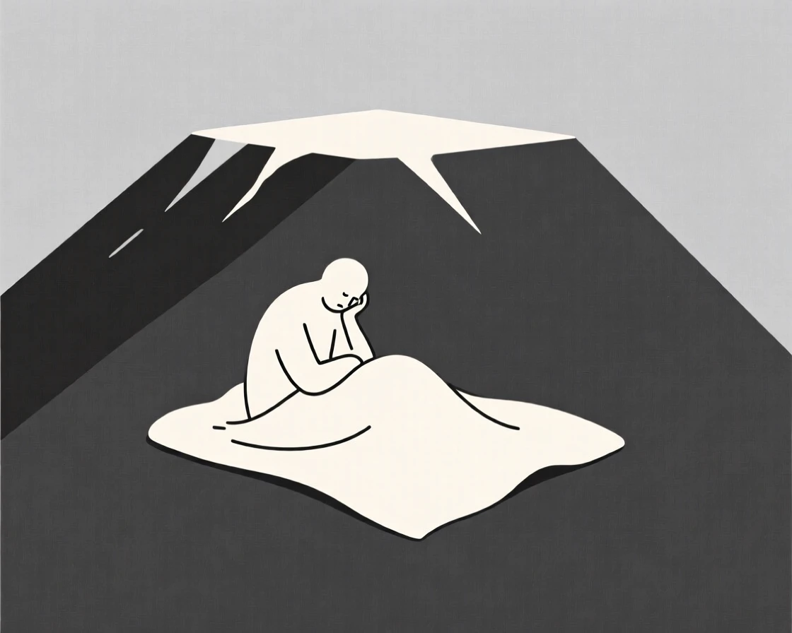 A quiet moment of quiet relief as a tired traveler pauses in a mountain summit beside a soft blanket.