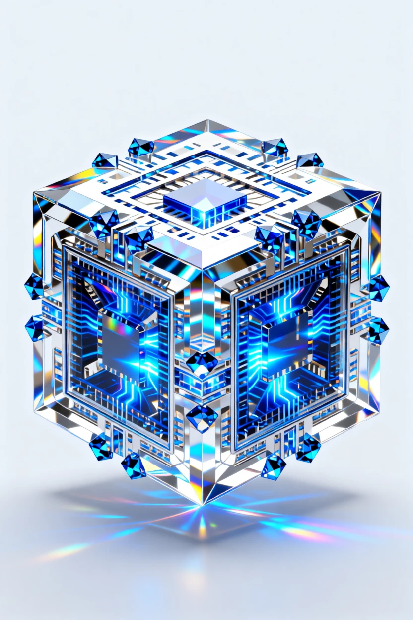 A massive quantum computer core pulsing with intricate blue light patterns.