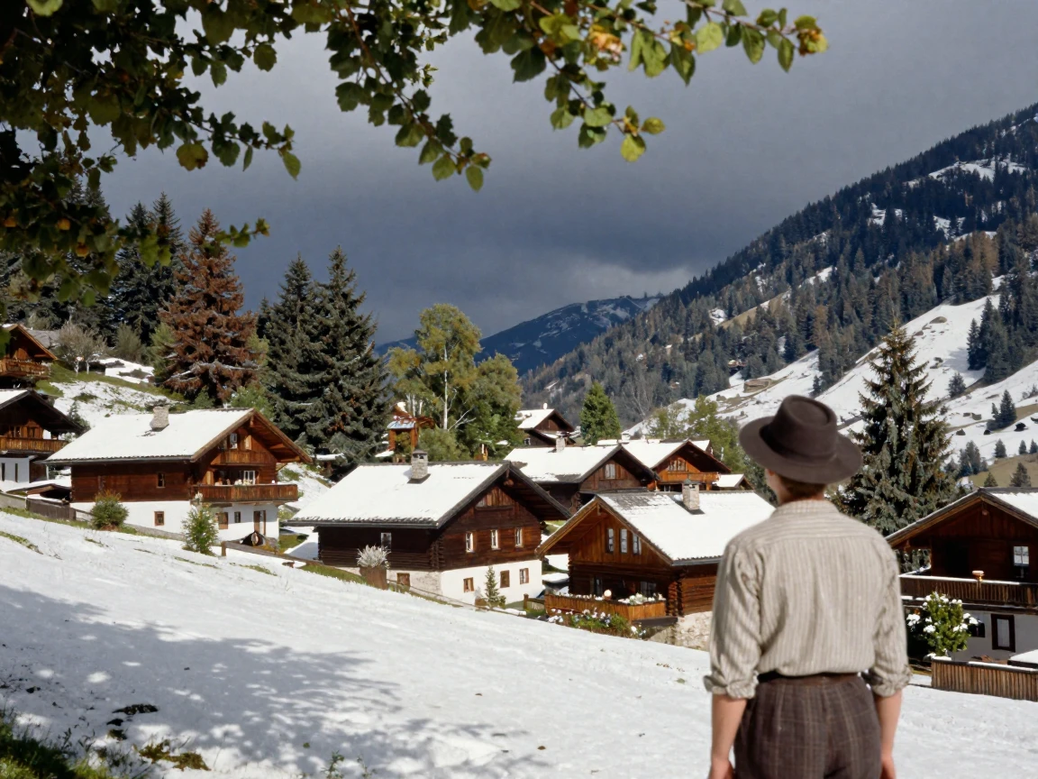 A small alpine village dusted with fresh snow, in dappled light filtering through leaves, under a darkening storm sky, during the long days of summer, with deep emerald greens and browns, over the shoulder of the main subject.