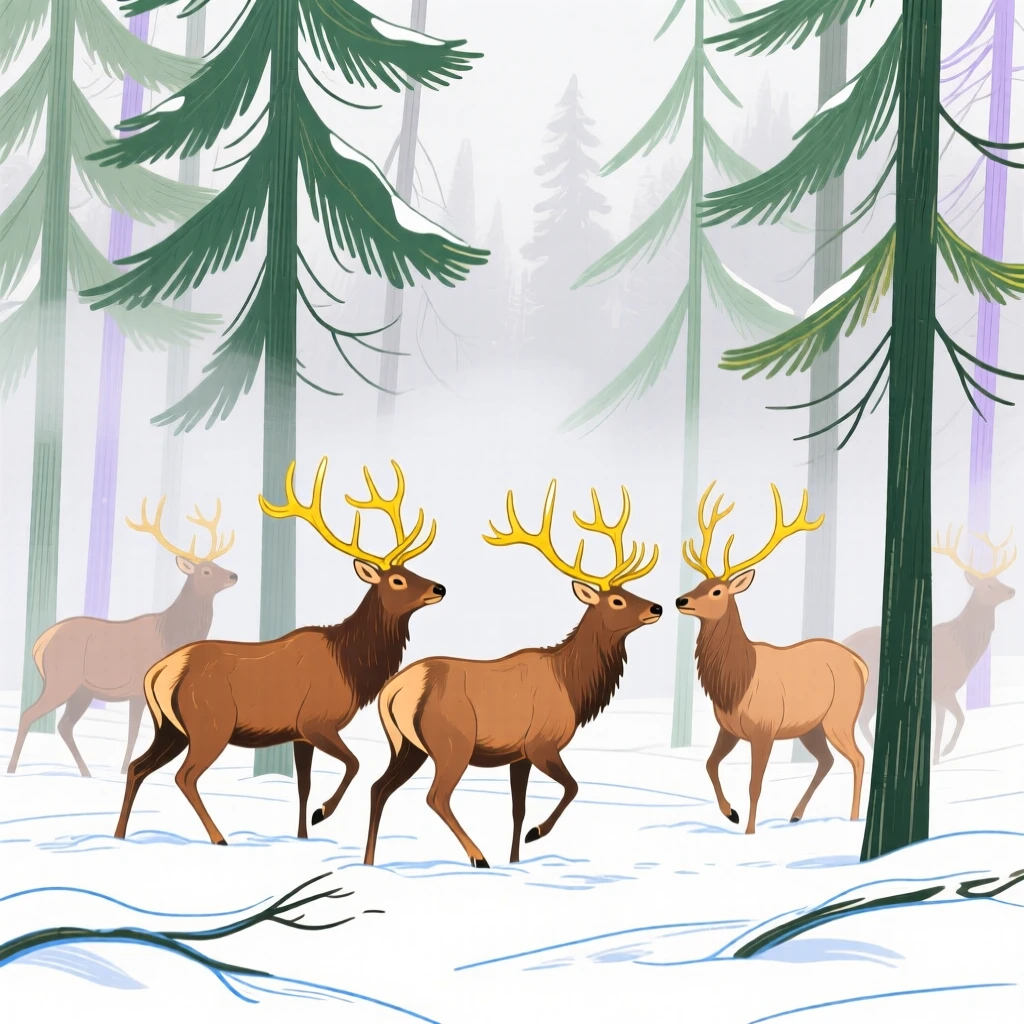 A herd of elk playing in a snowy pine forest as fog rolls in.