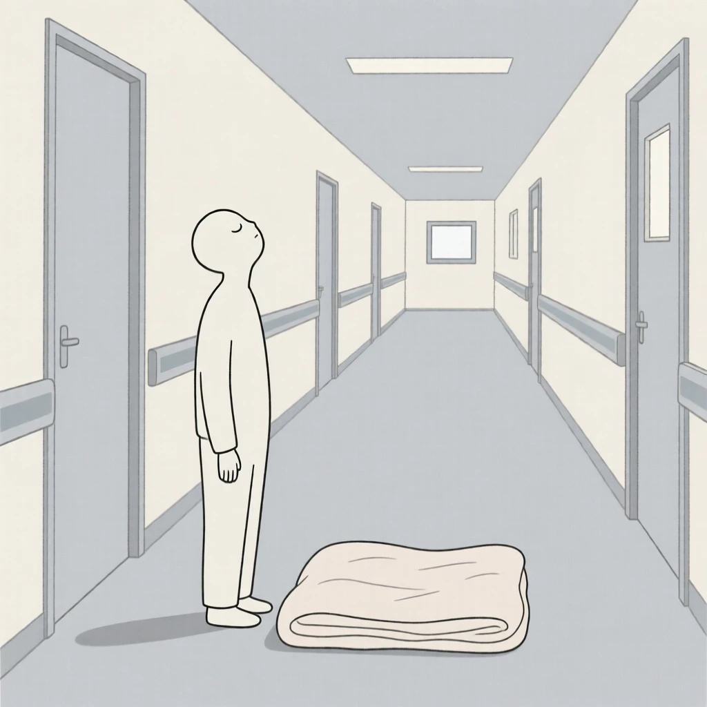 A quiet moment of gentle melancholy as a dreamer gazing upward pauses in a quiet hospital hallway beside a soft blanket.