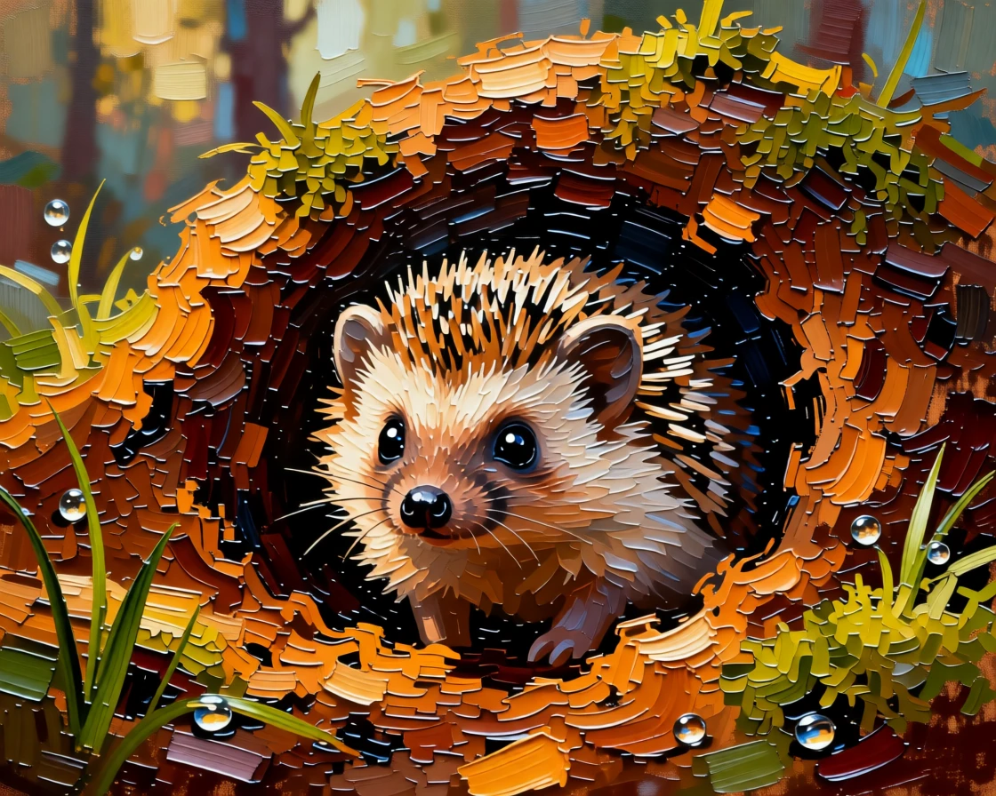 A heartwarming photo of a baby hedgehog peeking out curiously from a burrow entrance