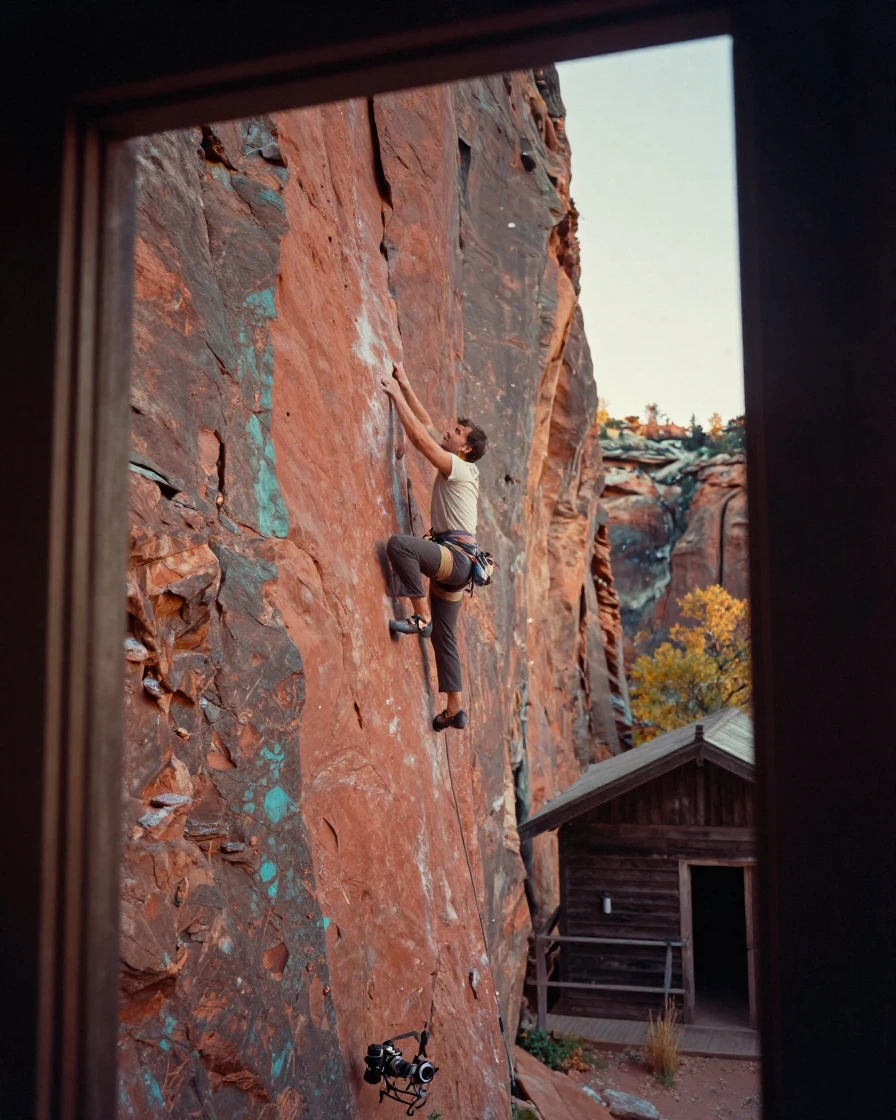 A rock climber scaling a sunlit sandstone cliff, under soft golden-hour light, amid gently falling snow, as summer fades into fall, in vivid coral and turquoise hues, framed through an open doorway.