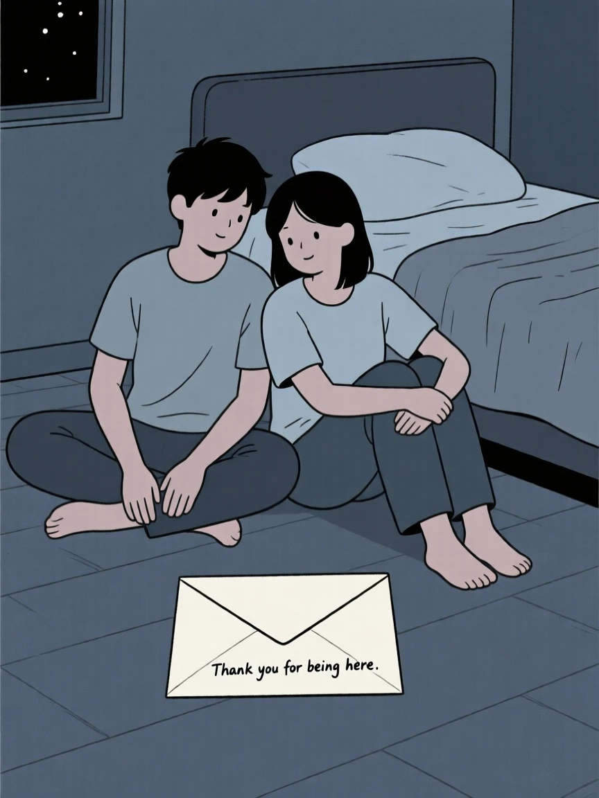 A quiet moment of quiet relief as a pair of best friends pauses in a dim bedroom at night beside an open letter.
