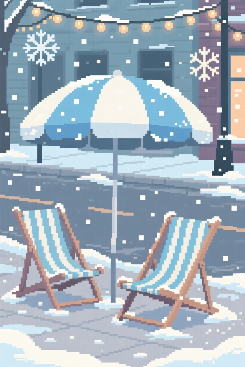 A beach umbrella and folding chairs dusted lightly with the season's first frost, on a quiet street decorated for winter holidays.