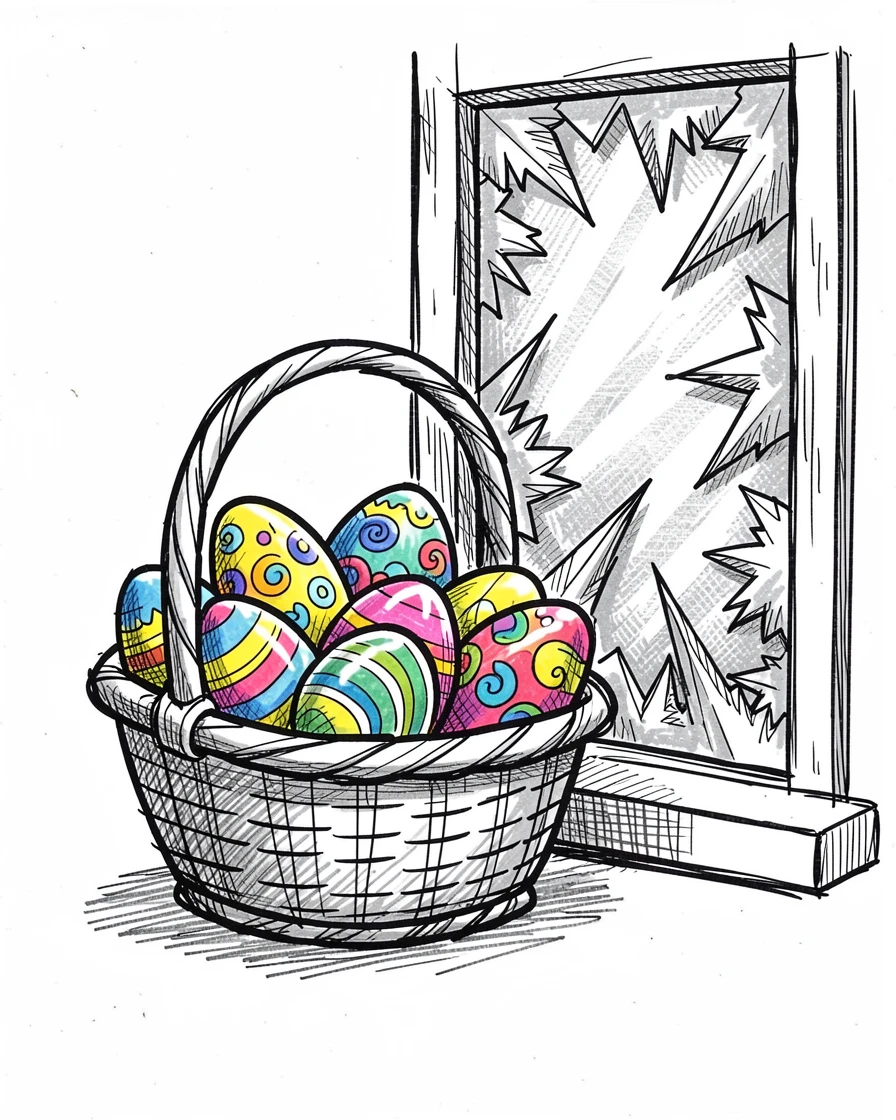 A basket of colorful painted eggs beside a frosty windowpane.