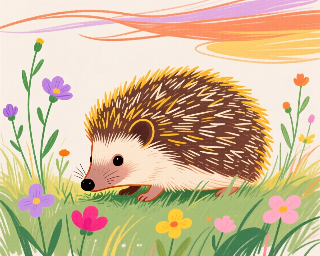 A small hedgehog grazing near a wildflower field at sunset.