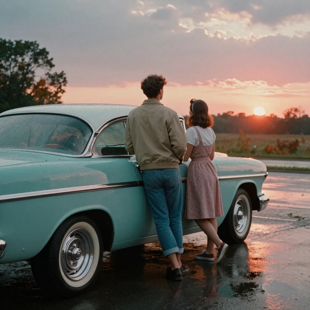 Two people leaning against a vintage car watching the sunset, in warm morning light, just after a rain shower, with puddles reflecting the sky, as summer fades into fall, in vivid coral and turquoise hues, from behind, looking toward the horizon.