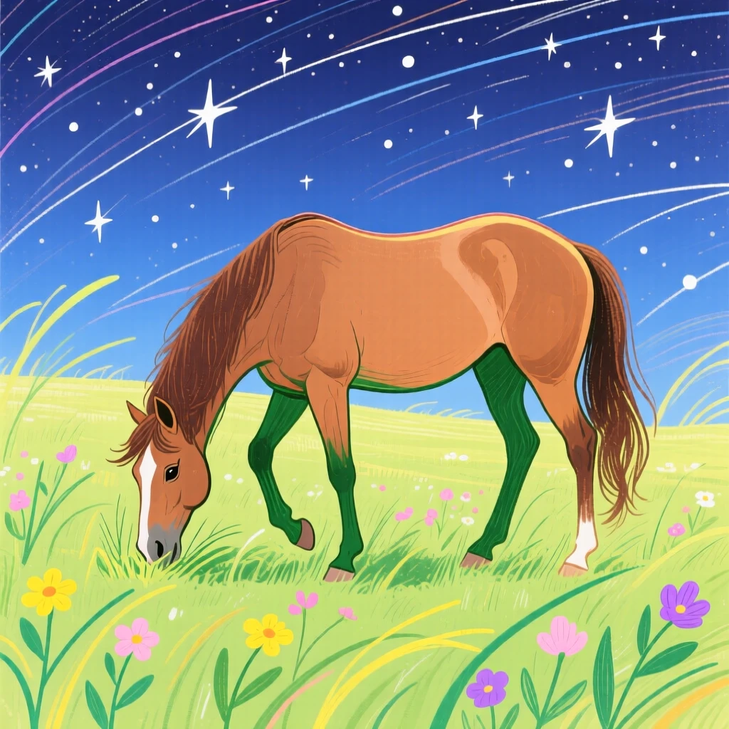 A grazing horse exploring in a sunlit meadow under a clear starry sky.