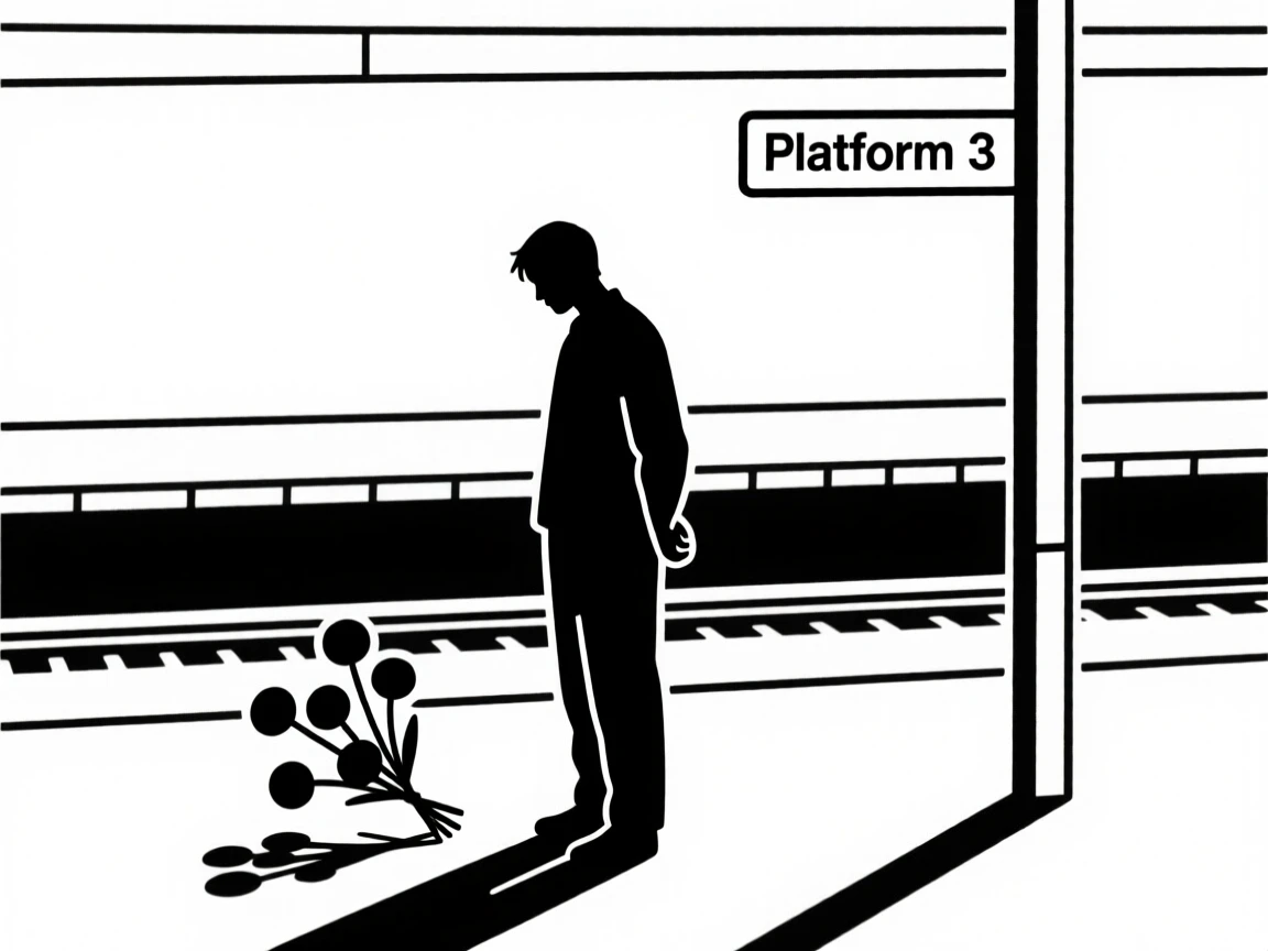 An artist lost in thought standing in an empty train station, embodying a feeling of quiet relief, with a bouquet of flowers nearby.