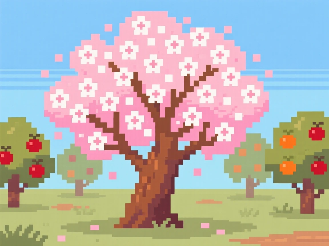 A cherry blossom tree in full bloom covered in a blanket of fresh spring blossoms, in an orchard during harvest season.