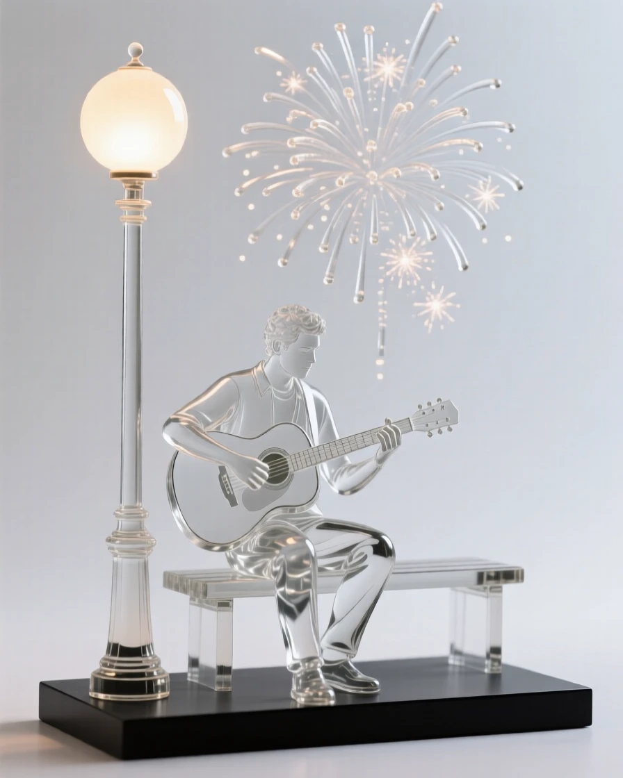 A street musician playing guitar beneath a glowing lamppost, as fireworks burst quietly in the sky above