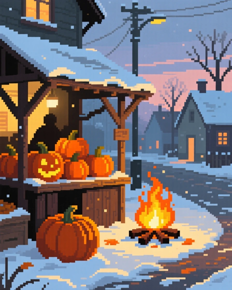 A market stall selling autumn pumpkins glowing beside a crackling bonfire, on a snowy village street at dusk.