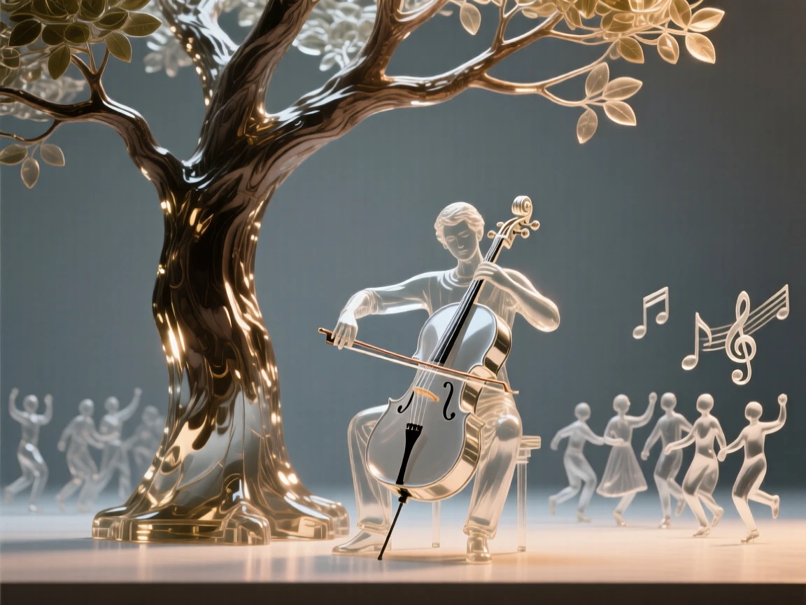 Overlooking a city skyline glowing with evening lights, a cellist playing alone beneath a grand old tree, while the crowd begins to sway together in rhythm