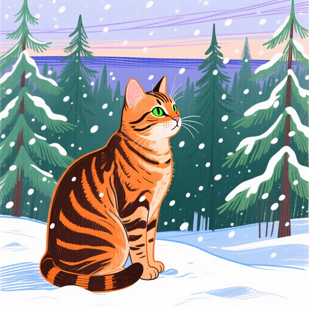 A tabby cat watching the horizon in a snowy pine forest during a light snowfall.