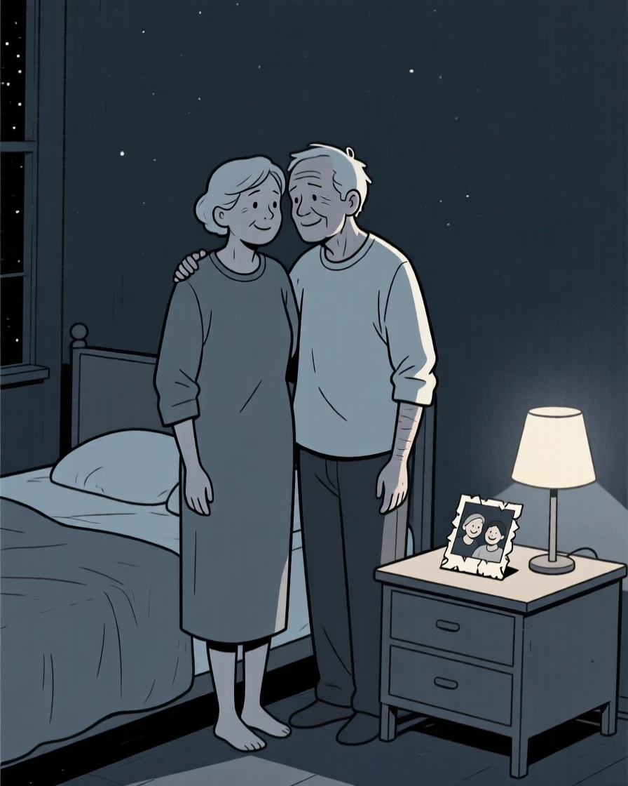 An old friend reunion standing in a dim bedroom at night, embodying a feeling of hopeful longing, with a worn photograph nearby.