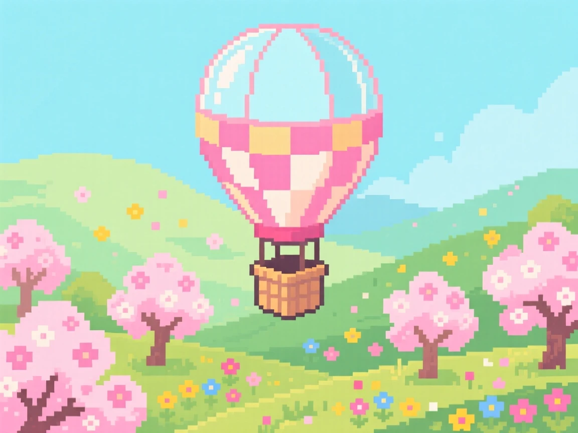 A hot air balloon over a spring valley wrapped in ribbons and gift paper, in a garden bursting with cherry blossoms.